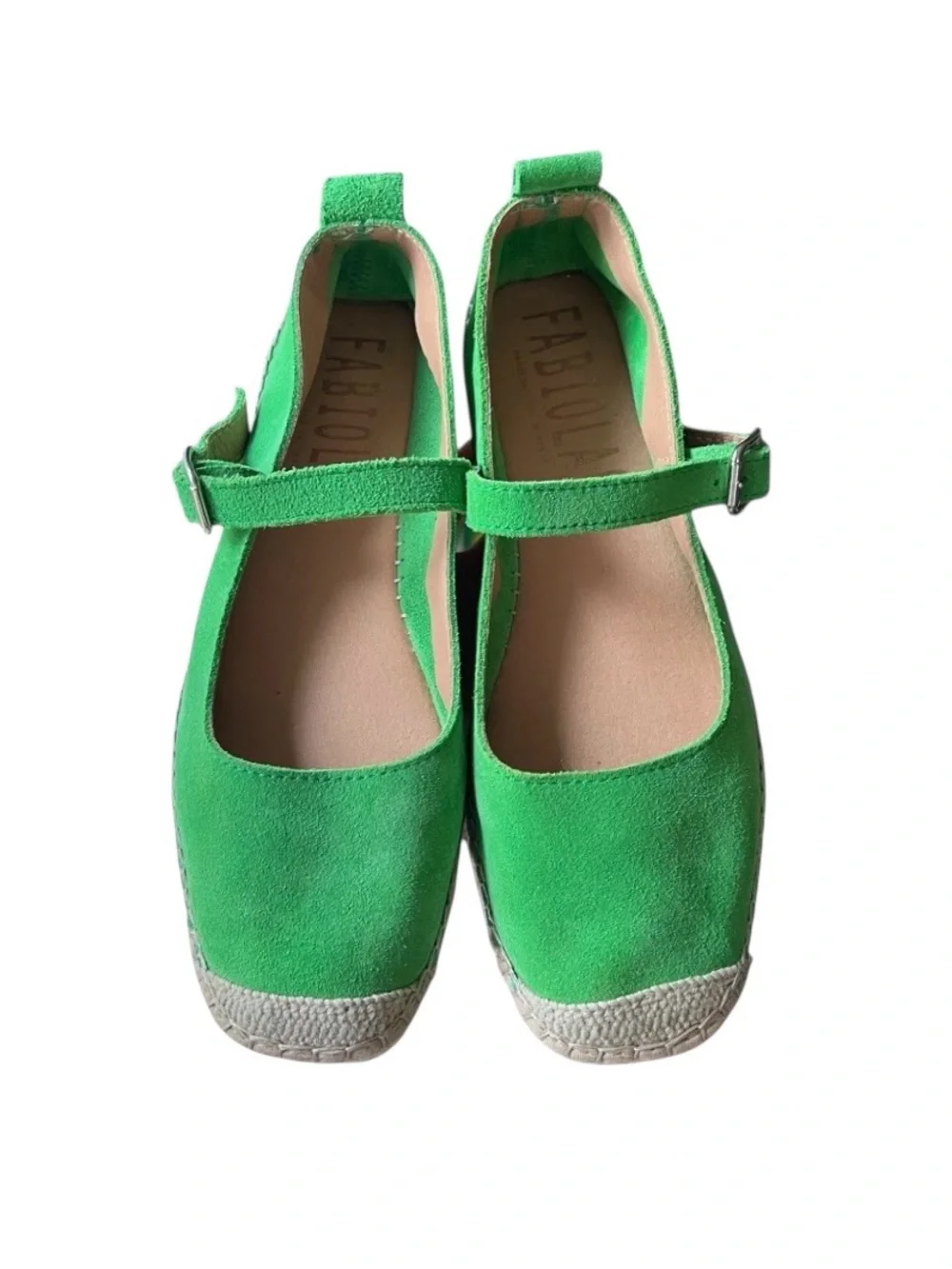FABIOLAS Handmade In Spain Green Suede Mary Jane Espadrille Flats Size 38 US 7.5